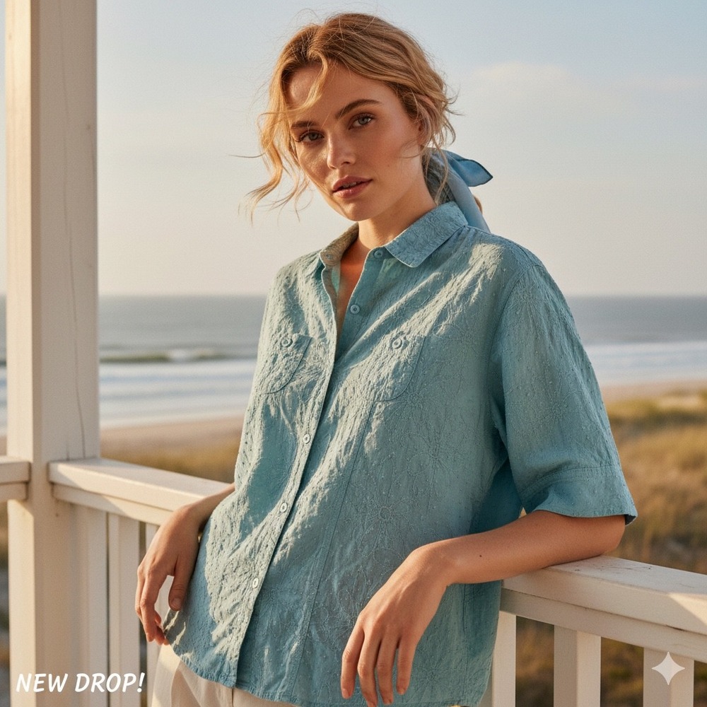 Woolrich Women Aqua Textured Embroidered Button Down‎ Shirt Top XL Petite